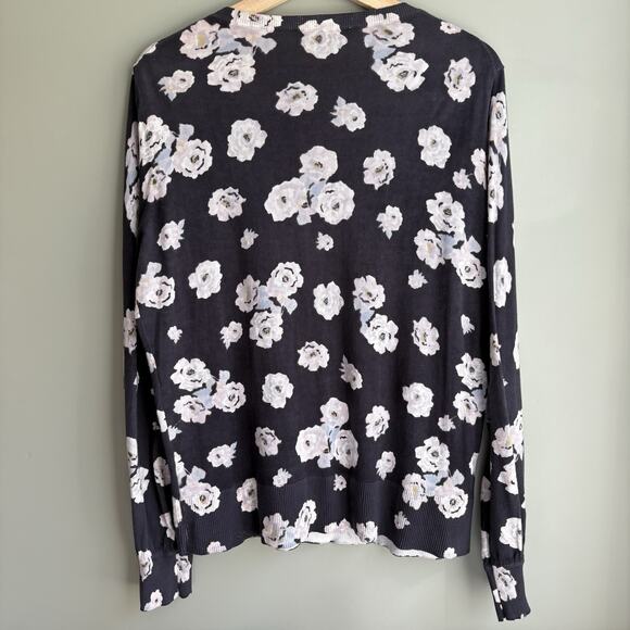 LOFT 100% Cotton Lightweight Floral Button Front Cardigan Sweater Navy Pastel L - Picture 4 of 10